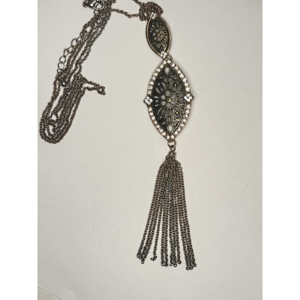 Filigree Tassel Pendant Necklace Rhinestone Bronze Tone 32" Chain 6" Drop